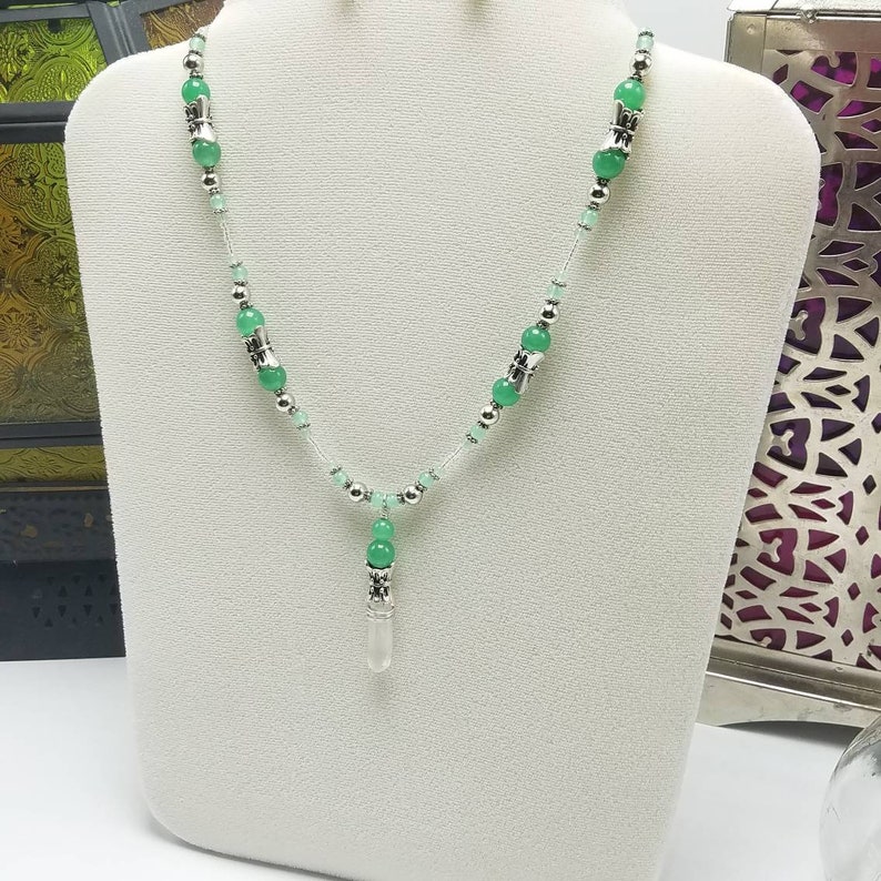 Quartz Crystal Gemstone Wire Wrapped with Green Aventurine and Fancy Bead Necklace and Earring Set Magnetic Clasp