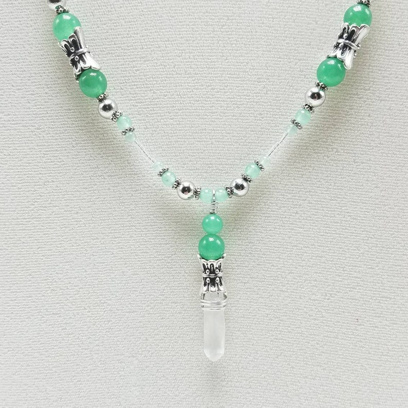 Quartz Crystal Gemstone Wire Wrapped with Green Aventurine and Fancy Bead Necklace and Earring Set Magnetic Clasp