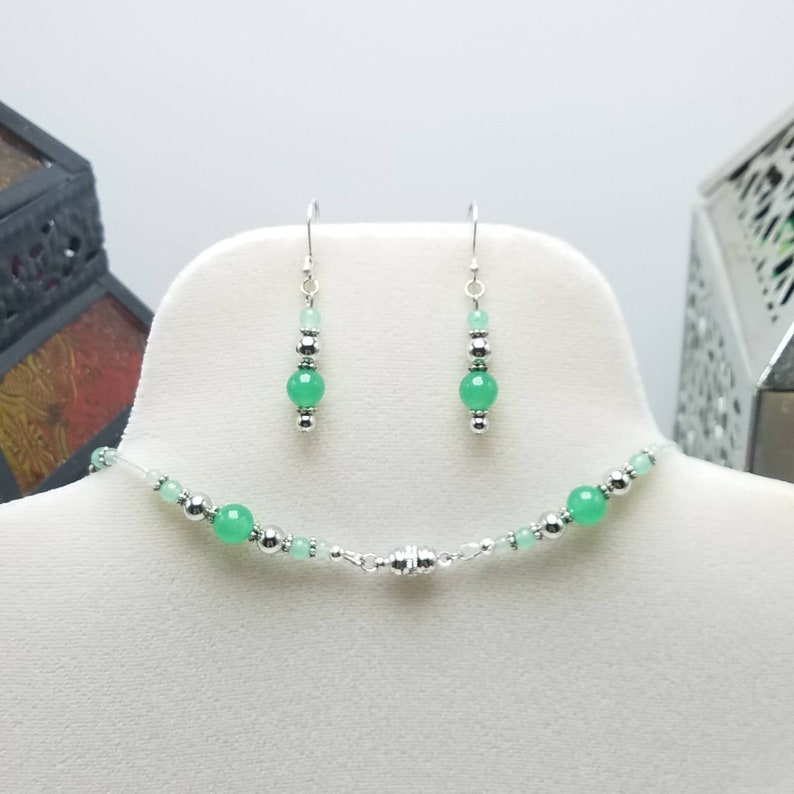 Quartz Crystal Gemstone Wire Wrapped with Green Aventurine and Fancy Bead Necklace and Earring Set Magnetic Clasp