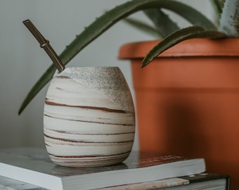 Handmade Ceramic Yerba Mate Gourd with Notch for Bombilla, Complete Mate Set with Metal Straw, Handcrafted in Portland Oregon