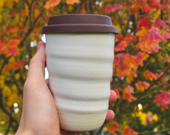 Ceramic Travel Mug with Silicone Lid - Handmade in Oregon- Reusable & Sustainable, Ideal for Coffee and Tea On the Go - 12oz Matte White Mug