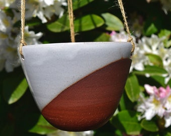 Handcrafted Ceramic Succulent Hanging Planter with 3 Drainage Holes - Indoor/Outdoor Succulent Planter - Glossy White Glaze on Red Clay