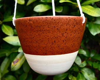 Large Handmade Ceramic Hanging Planter - 7"x5" - 3 Drainage Holes - Ideal for Succulents and More - Made in Oregon - Speckled Sienna glaze