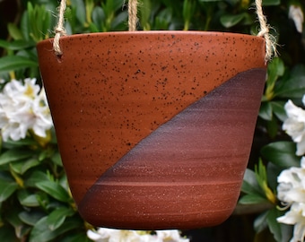 Hanging handmade ceramic succulent pot- hanging planter with drainage- indoor/outdoor pot- terra cotta planter- diagonal Speckled Sienna
