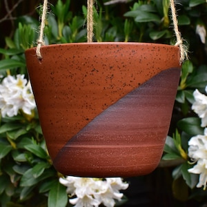 Hanging handmade ceramic succulent pot- hanging planter with drainage- indoor/outdoor pot- terra cotta planter- diagonal Speckled Sienna