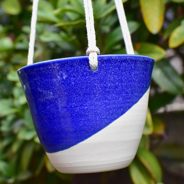 Handcrafted Ceramic Succulent Hanging Planter with Drainage Holes - Indoor/Outdoor Succulent Planter- Unique Diagonal Cobalt Blue Glaze