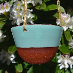Hanging Handmade Ceramic Succulent Planter- Hanging Planter with 3 Drainage Holes - Indoor/Outdoor Pot- Terra Cotta Planter- SeaFoam Blue