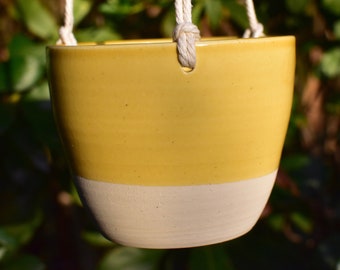 Handmade Ceramic Hanging Planter – Yellow Glaze, Drainage Holes, 4.5"