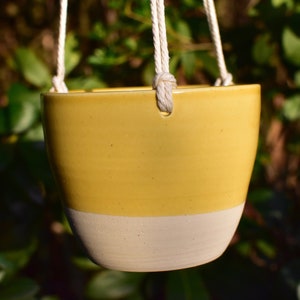 Handcrafted Ceramic Succulent Hanging Planter with Drainage Holes - Indoor/Outdoor Succulent Planter - Horizontal Yellow Glaze