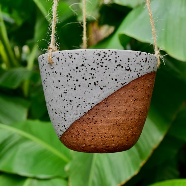 Handcrafted Ceramic Succulent Hanging Planter with Drainage Holes - Indoor/Outdoor Succulent Planter- Unique Diagonal white Glaze