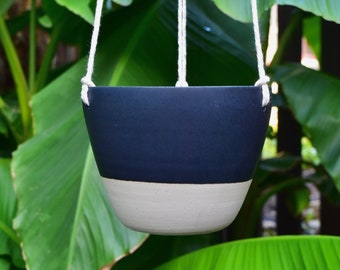 Handcrafted Ceramic Succulent Hanging Planter with Drainage Holes - Indoor/Outdoor Succulent Planter - Horizontal Matte Black Glaze