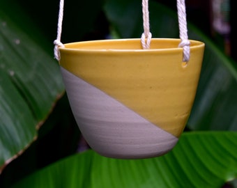 Handcrafted Ceramic Succulent Hanging Planter with Drainage Holes - Indoor/Outdoor Succulent Planter - Diagonal Yellow Glaze