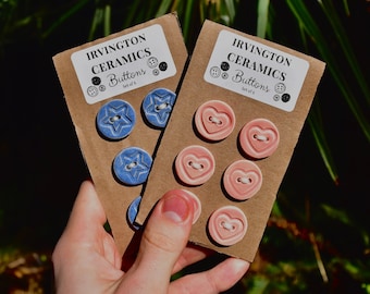 Handmade Ceramic Clay Buttons - Set of 6 - Handcrafted in Oregon - Knitting Accessory, Adding Charm to Your Creations- Hearts & Stars