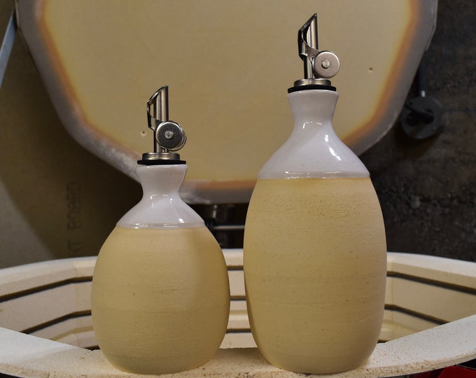 Handmade White Ceramic Olive Oil Bottles - Two Sizes 8-16oz -Elevated Kitchen Elegance - Bottle with Weighted Pour Spout - Crafted in Oregon