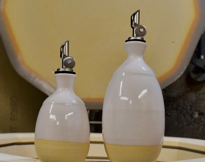 Handmade White Ceramic Olive Oil Bottles - Two Sizes 8-16oz -Elevated Kitchen Elegance - Bottle with Weighted Pour Spout - Crafted in Oregon