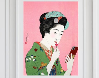Japanese Woman Wall Print, Pink Traditional Japanese Woman Poster, Modern Asian Artwork, Colorful Geisha Wall Art, Japan Home Decor