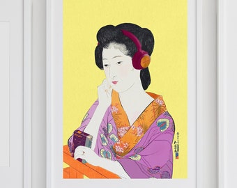 Traditionelle japanische Wandkunst, japanische Frau mit Robe, gelber moderner japanischer Posterdruck, buntes asiatisches Dekor, orientalisches Kunstgeschenk, Punk