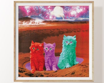Space Cats Art Print, Digital Wall Art, Psychedelic Cat Print, Cat Lover Gift, Cute Kitten Print, Retro Cat Art, Vintage Style Kitten Poster