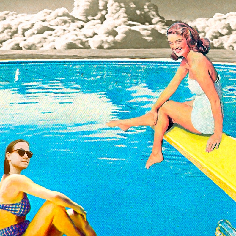 May include: Two people by a swimming pool. One person is sitting on a diving board, wearing a white swimsuit and smiling. The other person is sitting on the edge of the pool, wearing a black and white swimsuit and sunglasses.