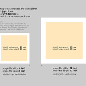 May include: Illustration showing two different sizes of digital art prints. The smaller print is 6.7 inches wide and 6.7 inches tall, and the larger print is 9.5 inches wide and 9.5 inches tall. The smaller print is suitable for A4 sized printing, and the larger print is suitable for A3 sized printing.