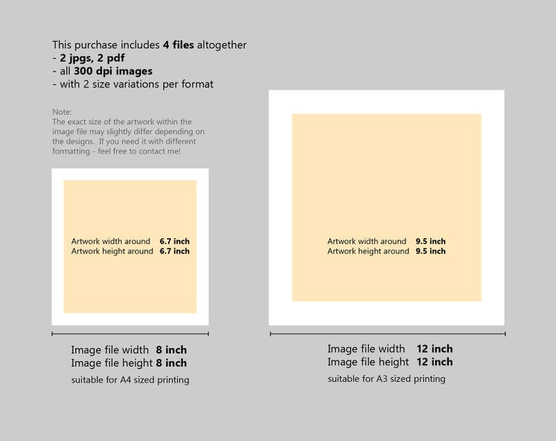 May include: Illustration showing two different sizes of digital art prints. The smaller print is 6.7 inches wide and 6.7 inches tall, and the larger print is 9.5 inches wide and 9.5 inches tall. The smaller print is suitable for A4 sized printing, and the larger print is suitable for A3 sized printing.