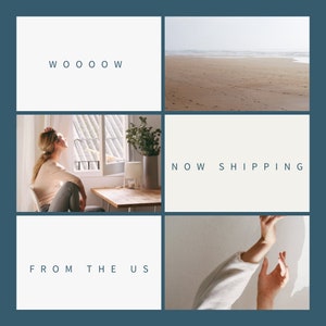 May include: A collage of four images. The top left image has the text "WOOOOW". The top right image shows a sandy beach with footprints. The bottom left image shows a woman sitting by a window with a plant in a white pot. The bottom right image shows a person's arms raised in the air against a white background. The text "NOW SHIPPING FROM THE US" is in the bottom left image.
