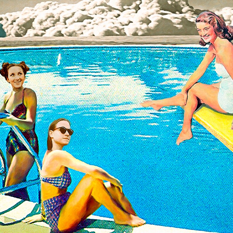 May include: Three women in swimsuits by a swimming pool. One woman is sitting on a diving board, another is standing in the water, and the third is sitting on the edge of the pool.