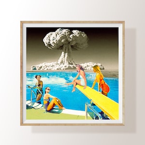 May include: A vintage style collage featuring four women in swimsuits by a swimming pool with a large mushroom cloud in the background.