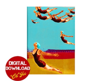 Sky divers, valentines art, DIGITAL DOWNLOAD, swimming fly, retro poster, swimsuit, 60s wall art, pop art print, surreal, instant download,