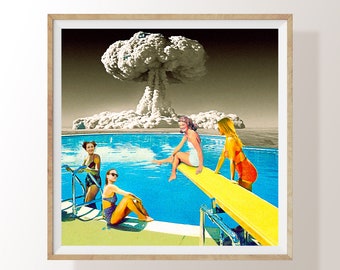 Frauen schwimmen Atombombe Wandkunst, dystopische Zukunft Poster, ironische Statement Kunst, Surrealismus Armajeddon Wandkunst