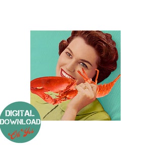 May include: A woman with red lipstick smiles while holding a red lobster in front of her face. The background is a teal blue color.