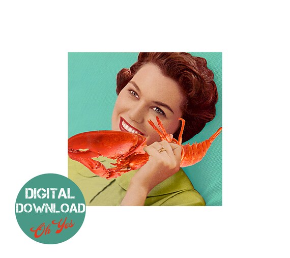 Lobster phone, valentine, DIGITAL DOWNLOAD, art print, retro collage, vintage advert, surreal, funny, friend, orange phone, instant download