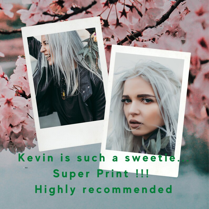 May include: Two Polaroid photos of a person with silver hair. The person in the first photo is smiling and wearing a black leather jacket. The person in the second photo is looking at the camera and wearing a black shirt. The text "Kevin is such a sweetie. Super Print!!! Highly recommended" is below the photos.