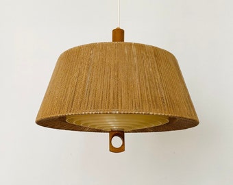 Mid-Century Modern raffia bast and walnut pendant lamp by Temde | 1960s