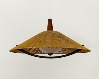 Mid-Century Modern Sisal and Teak Pendant Lamp by Temde | 1960s