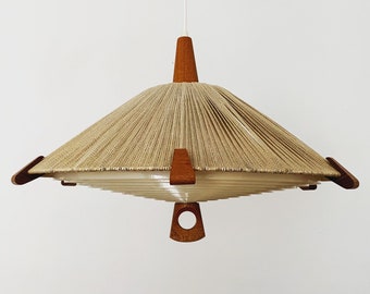 Mid-Century Modern raffia bast and teak pendant lamp by Temde | 1960s