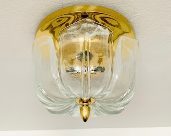 Mid-Century Modern Brass and Glass Flush Light by Glashütte Limburg | 1960s