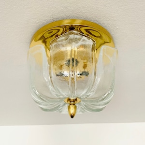 Mid-Century Modern Brass and Glass Flush Light by Glashütte Limburg | 1960s