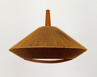 Mid-Century Modern Teakwood and Raffia Bast Pendant Lamp by Temde | 1960s