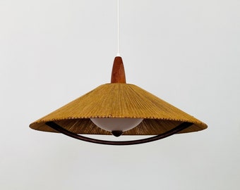 Mid-Century Modern Sisal and Teak Pendant Lamp by Temde | 1960s