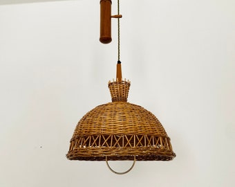 Adjustable Mid-Century Modern Wicker and Teak Pendant Lamp | 1950s