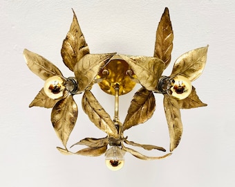 Golden Floral Hollywood Regency Flush Lamp by Willy Daro for Massive | 1960s
