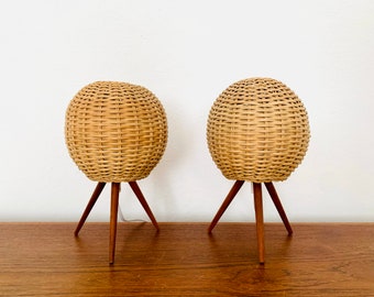 Set of 2 Danish Mid-Century Modern Wicker Tripod Table Lamps | 1950s