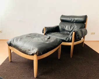 Danese Mid-Century Poltroncina moderna in rovere e pelle con | ottomano Anni 1960