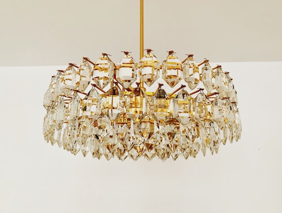 Glamorous Gilded Mid Century Modern Crystal Glass Chandelier by