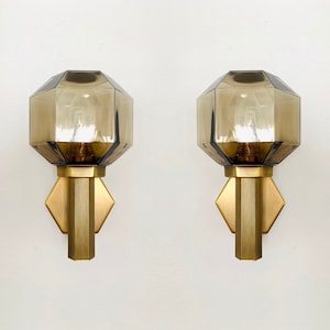 Set of 2 Golden Mid-Century Modern Smoked Glass Wall Lamps from Hillebrand | 1960s