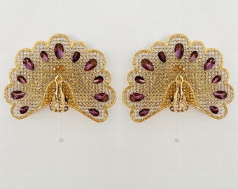 Juego de 2 preciosas lámparas de pared de cristal con forma de pavo real de Palwa | Década de 1970
