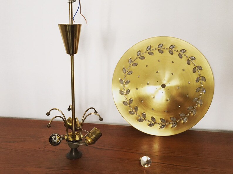 to Palwa luxurious Mid-Century Modern brass and crystal glass chandelier attr 1950s