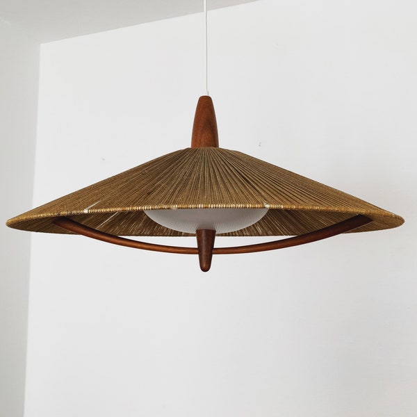 Large Mid-Century Modern raffia bast and teak pendant lamp by Temde | 1960s