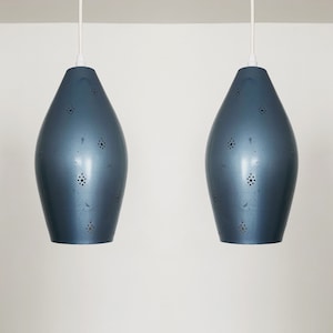 Lovely set of 2 Perforated Mid-Century Modern Blue Pendant Lamps | 1950s